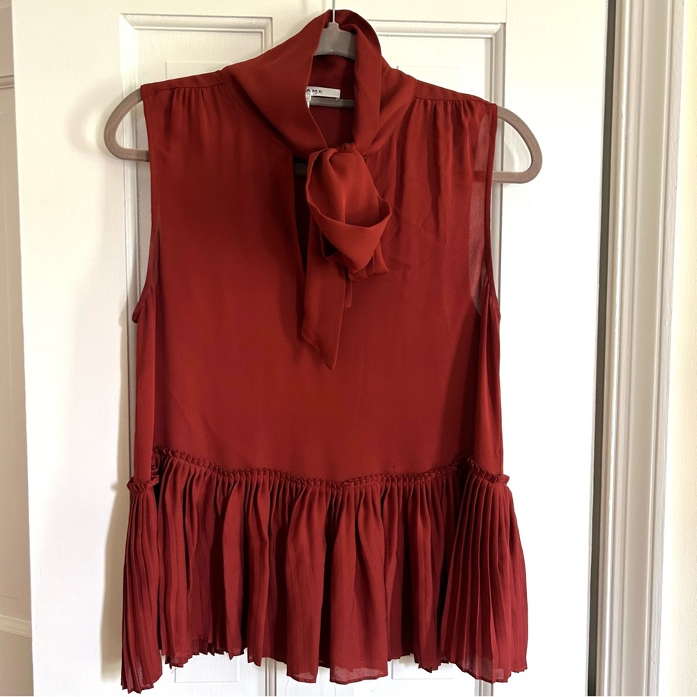 FRAME Pleated Peplum Hem Silk Tank in Burnt Henna Size Small